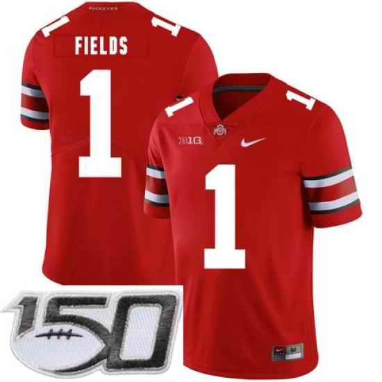 Ohio State Buckeyes 1 Justin Fields Red Nike College Football Limited Stitched 150th Anniversary Patch Jersey
